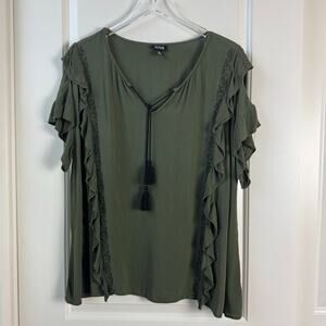 A.N.A. Embroidered Ruffle Top Olive Floral Tassle Tie XL